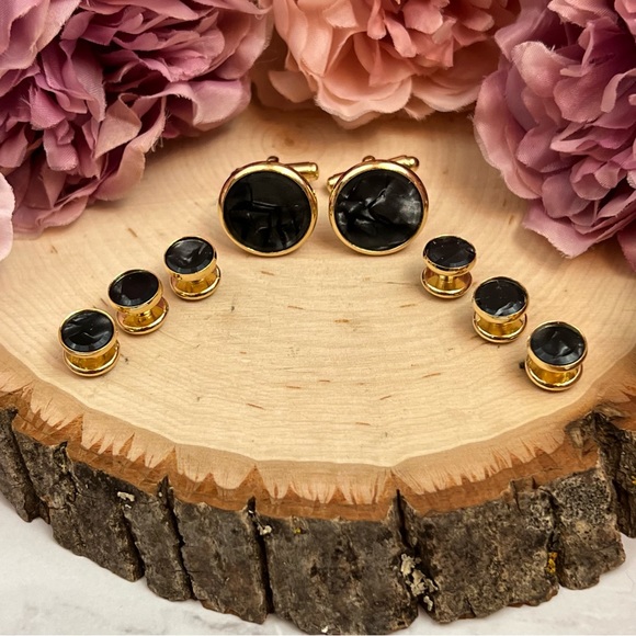 Black Mother of Pearl Cufflinks Tuxedo Studs Formal 8 Pcs Set - Picture 4 of 16